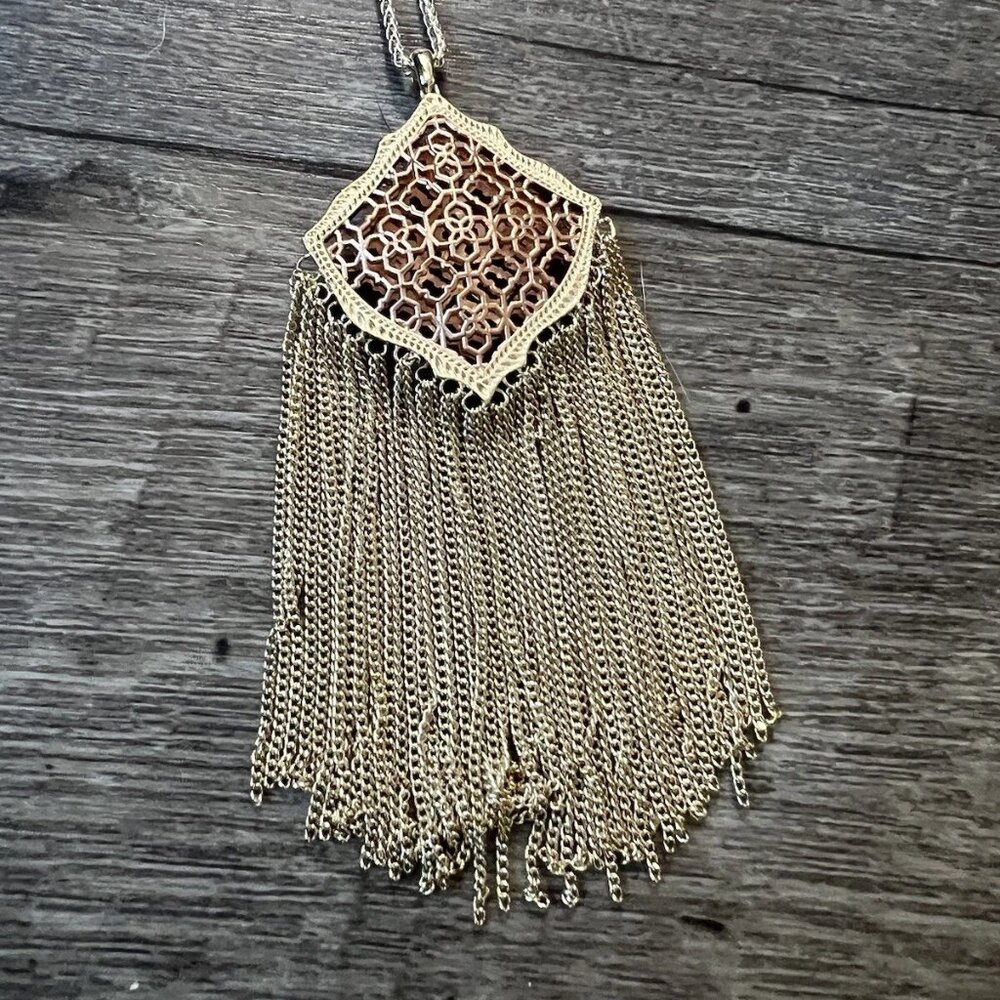 Kendra Scott Kingston Gold Long Pendant Necklace in Rose Gold Filigree Mix NWT